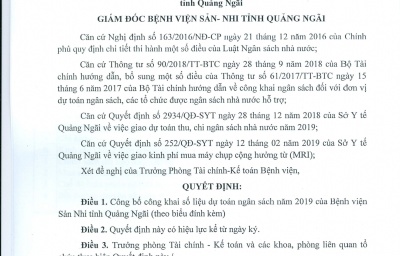 QUYẾT ĐỊNH Về việc công bố công khai dự toán ngân sách năm 2019 của Bệnh viện Sản Nhi tỉnh Quảng ngãi